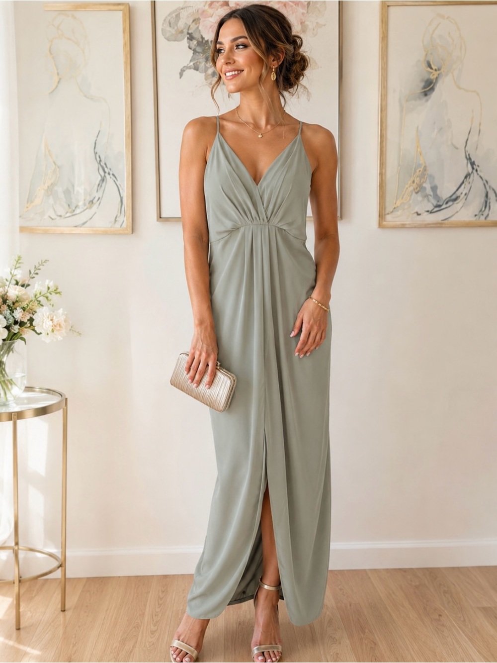Elegant Sage Green Spaghetti-Strap Maxi Dress